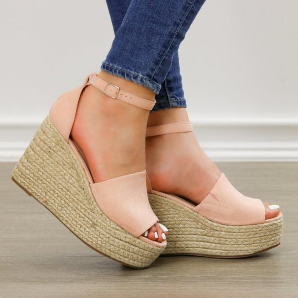 Blush Faux Suede Wedge Peep Toe Espadrille Sandal - Picture 3 of 8